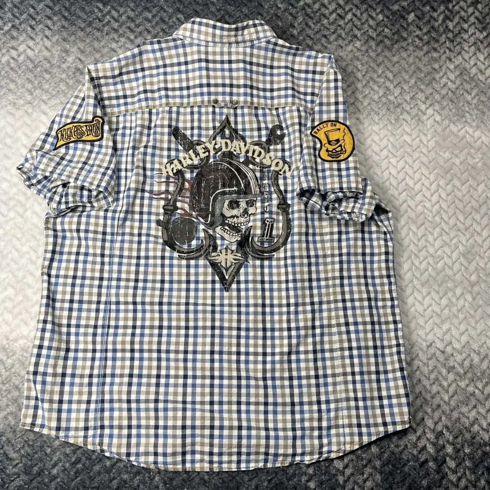 Harley Davidson Shirt Mens 3XL Pearl Snap Slim Check Skull Patches - Picture 3 of 12